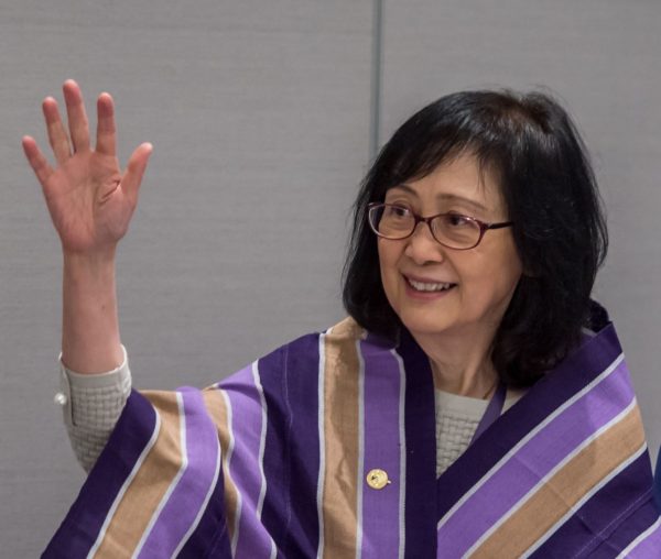 An image of Dr Dorothy Chan in her WiLAT shawl